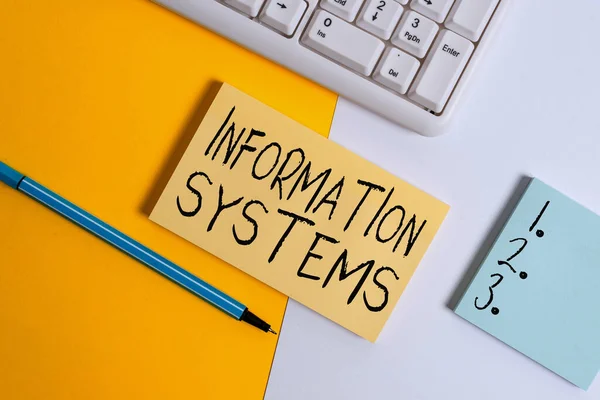 Writing note showing Information Systems. Business photo showcasing study of systems with a exact reference to information Paper with copy space and keyboard above orange background table.