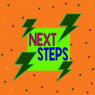 Sonraki Adımlar 'ı yazan el yazısı. Kavrama, ilkini bitirdikten sonra yaptığınız bir şey anlamına gelir. Asimetrik düzensiz biçim şekli nesne ana hatları çoklu renk tasarımı.