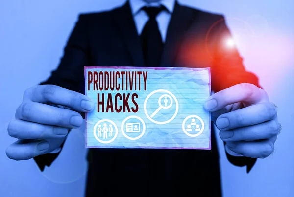 Texto de escritura de palabras Hacks de productividad. Concepto de negocio para trucos que se hacen más en la misma cantidad de tiempo . — Foto de Stock