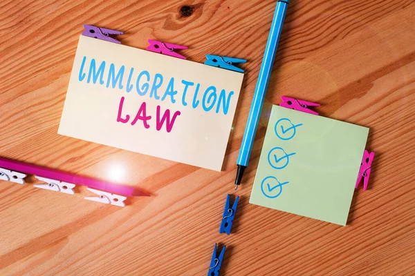 Πινακίδα που δείχνει το νόμο μετανάστευσης. Έννοια φωτογραφία εθνικό καταστατικό και νομικά προηγούμενα που διέπουν τη μετανάστευση Χρωματιστά υφάσματα έγγραφα κενό υπενθύμιση ξύλινο πάτωμα φόντο γραφείο. — Φωτογραφία Αρχείου