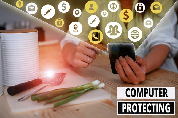 Writing note showing Computer Protecting. Business photo showcasing protecting computer against unauthorized intrusions.