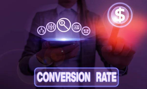 Schreiben Notiz zeigt Conversion Rate. Geschäftsfoto, das die Anzahl der Besucher einer Website zeigt, die ein gewünschtes Ziel vervollständigen. — Stockfoto