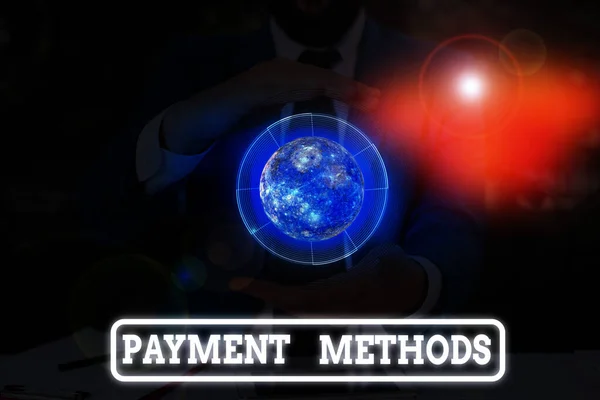 Conceptual hand writing showing Payment Methods. Business photo text trade of value from one party to another for the merchandise Elements of this image furnished by NASA. — Stock fotografie