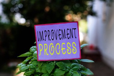 Geliştirme Sürecini gösteren kavramsal el yazısı. Ürün ve hizmetleri iyileştirmek için devam eden fotoğraf sergisi. Çimenli topraklara yapıştırılmış ve yerleştirilmiş sade kağıt..