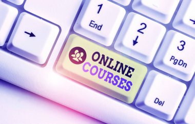 Çevrimiçi kursları gösteren kavramsal el yazısı. İş fotoğrafı kursları bir web tarayıcısına bir dizi ders sunar.