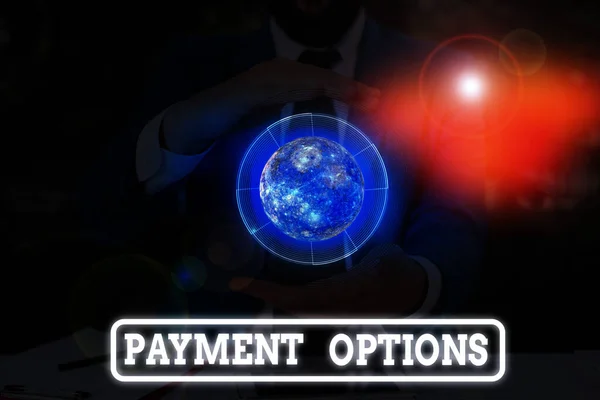 Conceptual hand writing showing Payment Options. Business photo text ways that a customers can pay for the goods and services Elements of this image furnished by NASA. — Stockfoto