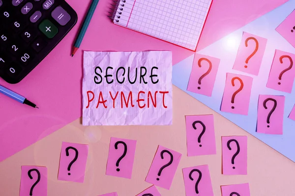 Handwriting text writing Secure Payment. Concept meaning webpage where credit card numbers are entered is secured Mathematics stuff and writing equipment above pastel colours background.