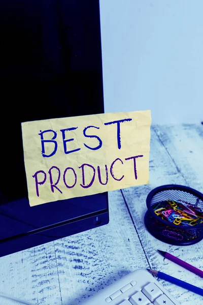 Text sign showing Best Product. Conceptual photo very popular and a large quantity of it has been sold Note paper taped to black computer screen near keyboard and stationary. — Stock Photo, Image