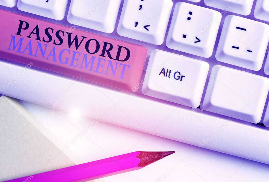 Conceptual hand writing showing Password Management. Business photo text software used to help users better analysisage passwords.