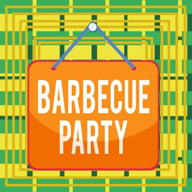Barbekü Partisi 'ni gösteren bir mesaj. Yemeğin ızgarada veya yangında pişirildiği kavramsal fotoğraf partisi. Renkli hatırlatıcı boş tahta boş alan arka plan dikdörtgenini ekler..