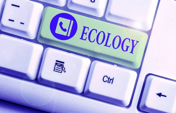 Rukopis textu psaní ekologie. Pojetí znamená větev vědy vztahu organismů prostředí vědecké studie. — Stock fotografie