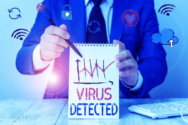 바이러스가 감지 되었음을 보여 주는 필기 노트. 컴퓨터에 해를 끼칠 수있는 악성 코드를 보여 주는 비즈니스 사진 상영. — 스톡 사진