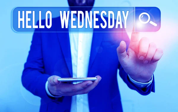 Text sign showing Hello Wednesday. Conceptual photo Hump day Middle of the working week of the calendar. — 스톡 사진