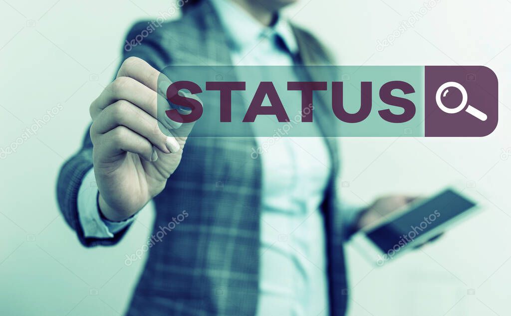 Text sign showing Status. Conceptual photo situation at a particular time during a process Professional position.