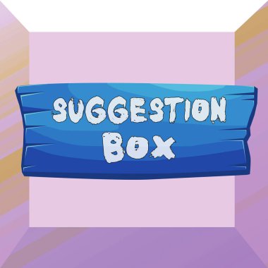 Conceptual hand writing showing Suggestion Box. Business photo text container which showing can leave comments about something Wooden board rectangle shaped wood attached color background. clipart
