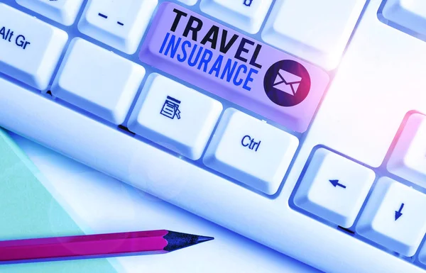 Nota escrita que muestra el seguro de viaje. Exhibición de fotos de negocios cubre los costos y pérdidas asociadas con el viaje . — Foto de Stock