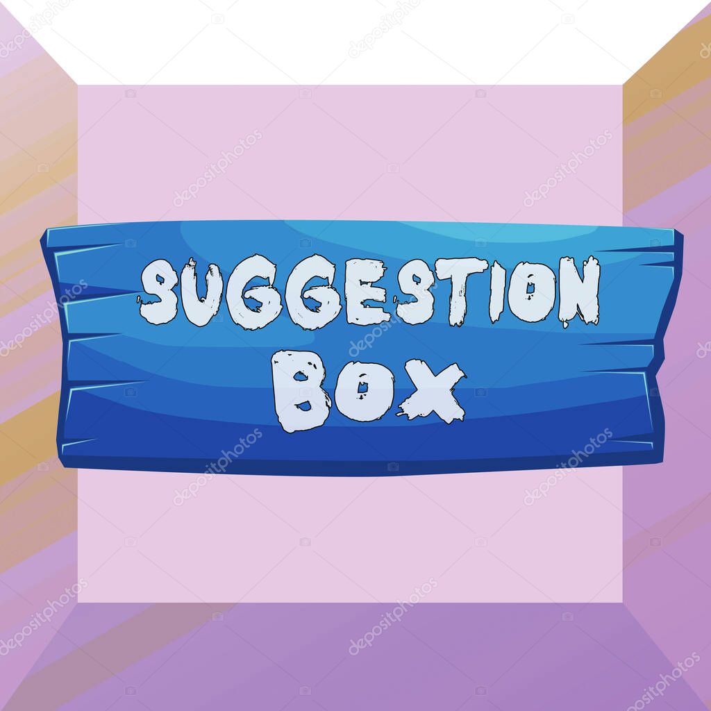 Conceptual hand writing showing Suggestion Box. Business photo text container which showing can leave comments about something Wooden board rectangle shaped wood attached color background.
