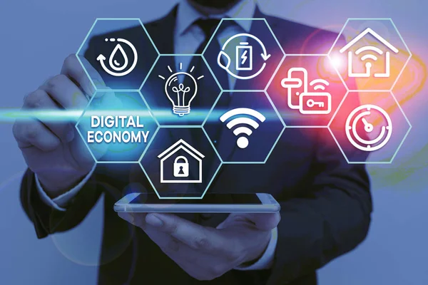 Writing note showing Digital Economy. Business photo showcasing economic activities that are based on digital technologies.