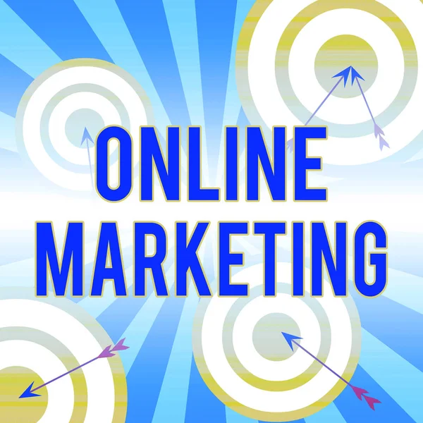 Writing note showing Online Marketing. Business photo showcasing promoting products and services through the internet Arrow and round target asymmetrical shape multicolour design. — Stock Photo, Image