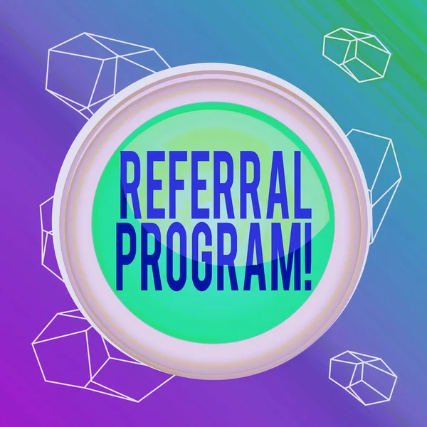 Word writing text Referral Program. Business concept for internal recruitment method employed by organizations Circle button colored sphere switch center background middle round shaped.