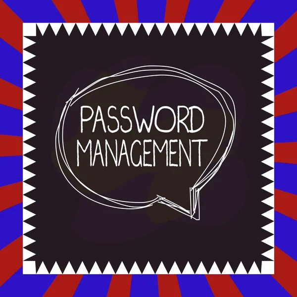 Handschrift tekst schrijven Password Management. Concept betekent software gebruikt om gebruikers te helpen beter te analyseren wachtwoorden Spreken zeepbel in asymmetrisch gevormde object outline multicolor design. — Stockfoto