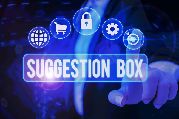 Text sign showing Suggestion Box. Conceptual photo container which showing can leave comments about something.