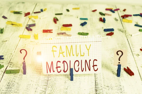 Word writing text Family Medicine. Business concept for designed to provide basic healthcare to family members Scribbled and crumbling sheet with paper clips placed on the wooden table.