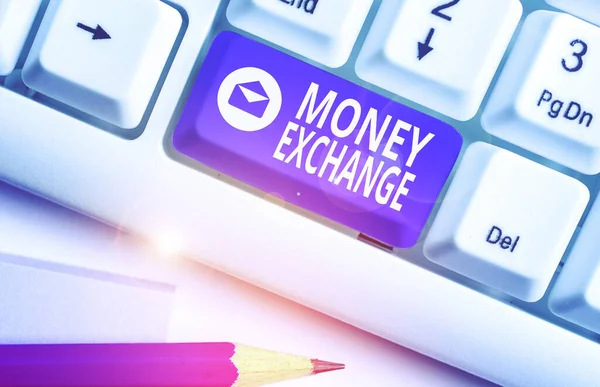 Writing note showing Money Exchange. Business photo showcasing office where you can change one currency into another. — Stockfoto