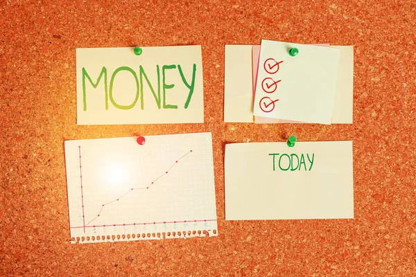 Handwriting text Money. Concept meaning a current medium of exchange in the form of coins and banknotes Corkboard color size paper pin thumbtack tack sheet billboard notice board. — Stockfoto