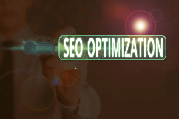 Nota de redação mostrando Seo Optimization. Foto de negócios mostrando crescente visibilidade de um site ou uma página da web para os usuários . — Fotografia de Stock