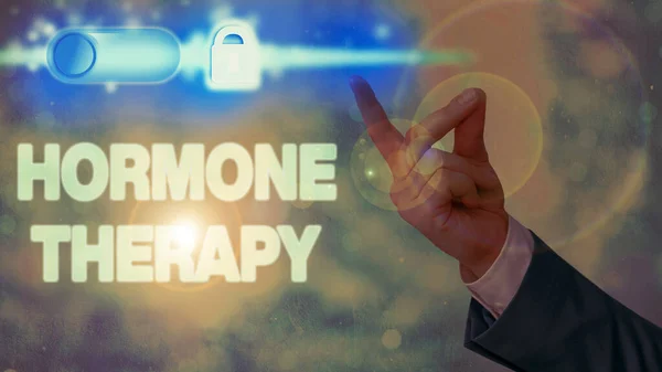 Writing note showing Hormone Therapy. Business photo showcasing treatment of disease with synthetic derived hormones. — Stock Photo, Image