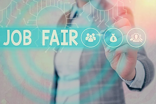 Word writing text job fair. Businesskonzept für eine Veranstaltung, bei der Arbeitgeber Mitarbeiter informieren. — Stockfoto