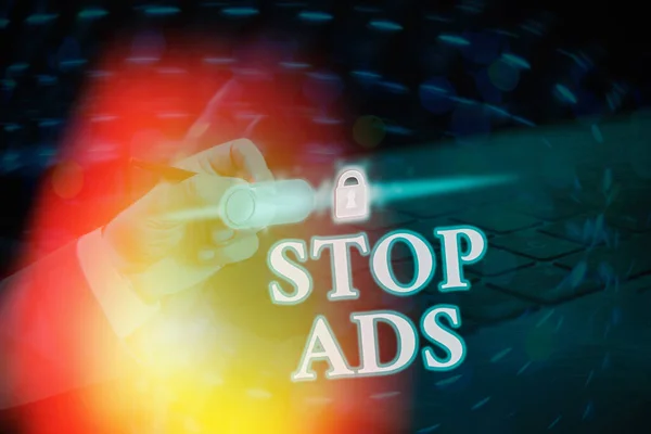 Conceptual hand writing showing Stop Ads. Business photo showcasing program that will remove different kinds of advertising from Web. — Stock Photo, Image