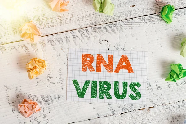 Текстовий знак, що показує вірус РНК. Концептуальна фотографія вірусна генетична інформація зберігається у вигляді РНК вкритого кольором прямокутника квадратної форми паперу, що нагадує стіл з білого дерева . — стокове фото