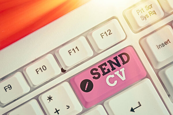 Conceptual hand writing showing Send Cv. Business photo showcasing pass resume to identify the skills or talents specific to the job.