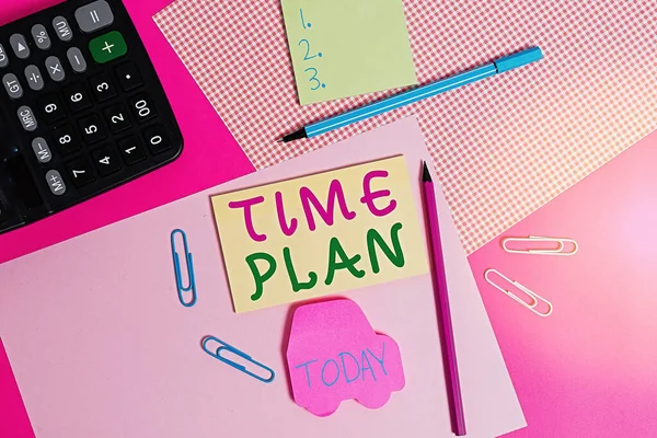 Conceptual hand writing showing Time Plan. Business photo text a system for paying for goods by installments or in regular manner writing equipments and plain note paper placed on the table. — Stock Photo, Image