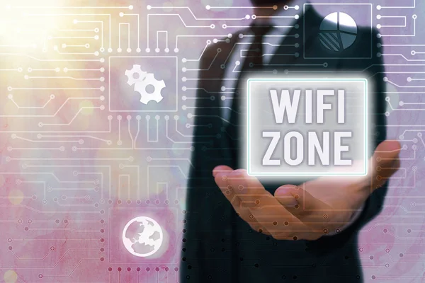 Escrita de mão conceitual mostrando Wifi Zone. Texto de foto de negócios fornecer internet de alta velocidade sem fio e conexões de rede . — Fotografia de Stock