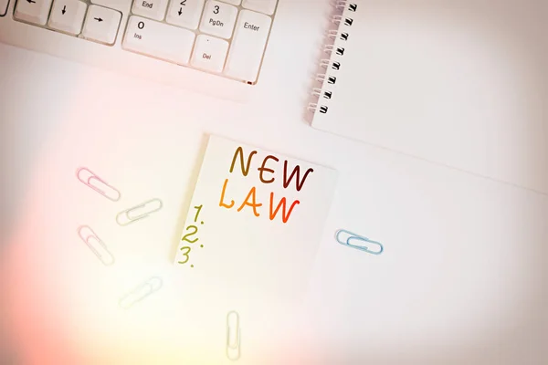 Text sign showing New Law. Conceptual photo system of rules that enforced through social or governmental Empty note paper on the white background by the pc keyboard with copy space.