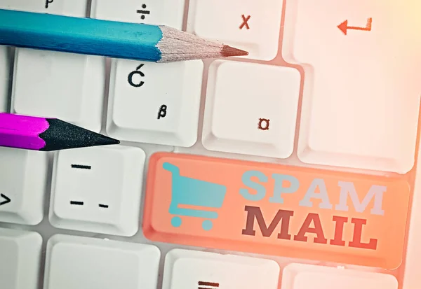Writing note showing Spam Mail. Business photo showcasing Intrusive advertising Inappropriate messages sent on the Internet.