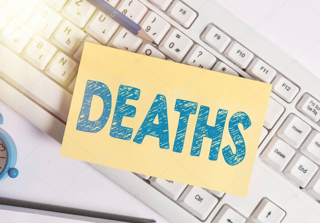 Writing note showing Deaths. Business photo showcasing permanent cessation of all vital signs, instance of dying individual White pc keyboard note paper and paper clips above white background.