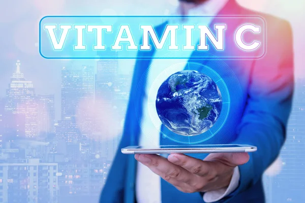 A C-vitamint mutató szöveges jel Fogalmi fotó elősegíti a gyógyulást, és segíti a szervezetet a vas felszívódásában Aszkorbinsav A NASA által biztosított kép elemei. — Stock Fotó