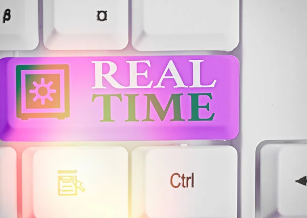 Conceptuele handschrift toont Real Time. Bedrijfsfoto die de werkelijke tijd weergeeft waarin een proces of gebeurtenis plaatsvindt. — Stockfoto