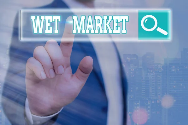 Handstil text skriva Wet Market. Begreppet marknad som säljer färskt kött fiskprodukter och andra lättfördärvliga varor. — Stockfoto
