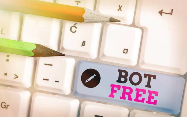 Writing note showing Bot Free. Business photo showcasing a computer program that works automatically Internet robots.
