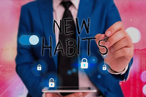 Writing note showing New Habits. Business photo showcasing change the routine of behavior that is repeated regularly. — Stock Photo, Image