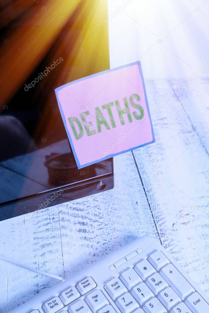 Writing note showing Deaths. Business photo showcasing permanent cessation of all vital signs, instance of dying individual Note paper taped to black computer screen near keyboard and stationary.