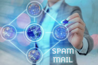 Kelime yazma metni spam postası. NASA tarafından desteklenen bu görüntünün internet elemanlarına uygunsuz mesajlar gönderme konsepti.