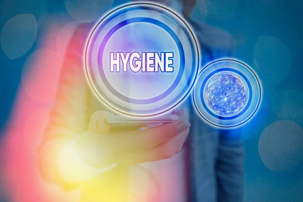 Hygiene 을 보여 주는 문자 표지판. NASA 에서 제공 한 이 사진의 건강 요소의 설립 및 유지에 대한 과학에 대한 개념적 인 사진 연구. — 스톡 사진