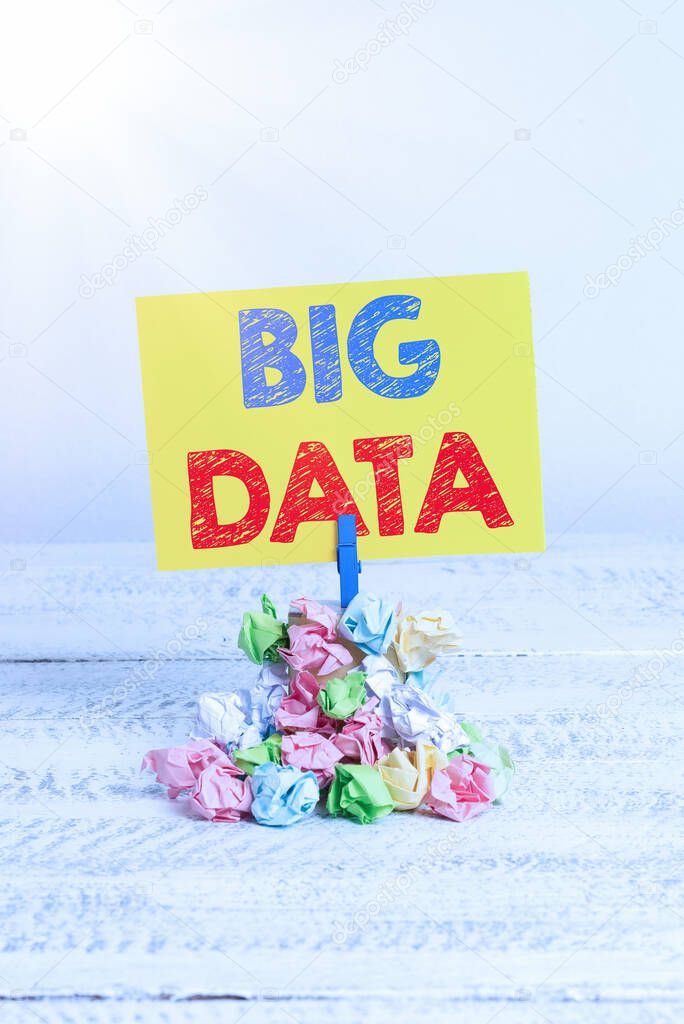 Handwriting text Big Data. Concept meaning sets that so complex that traditional software cant deal with them Reminder pile colored crumpled paper clothespin reminder white wooden space.