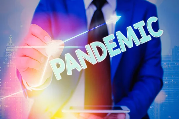 Sinal de texto mostrando pandemia. Foto conceitual ocorrendo em uma ampla área que afeta alta proporção da população . — Fotografia de Stock